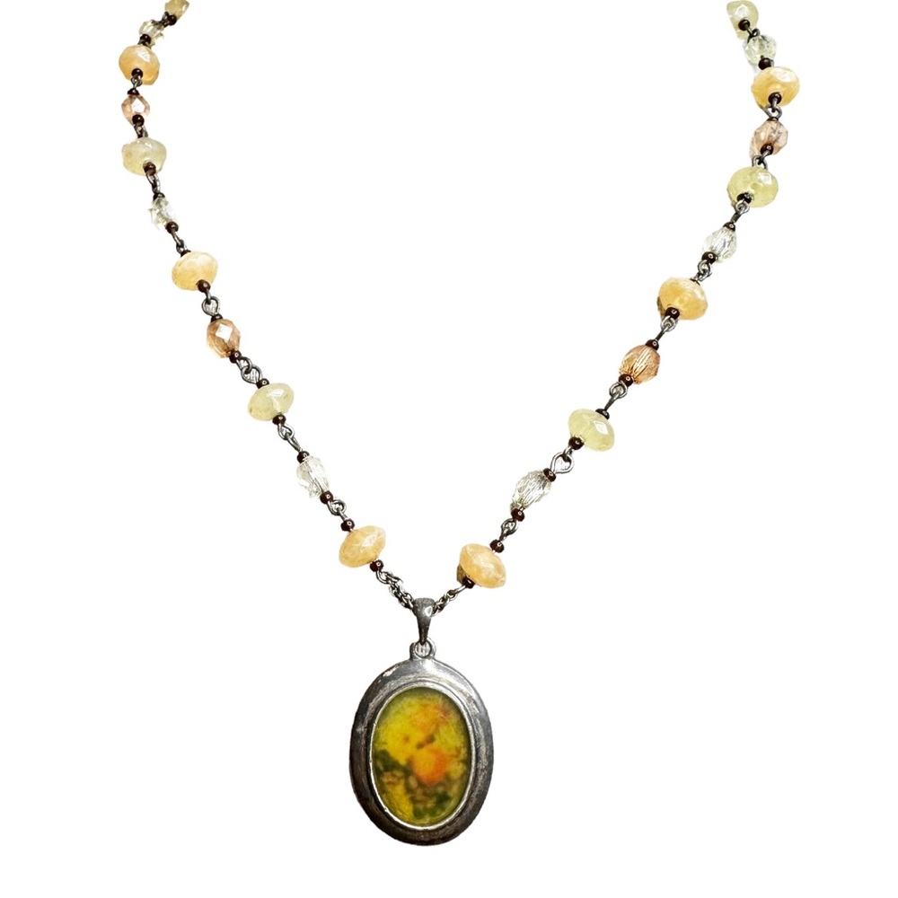 Vintage Sterling Silver Floral Portrait Stone Glass Beaded Pendant Necklace